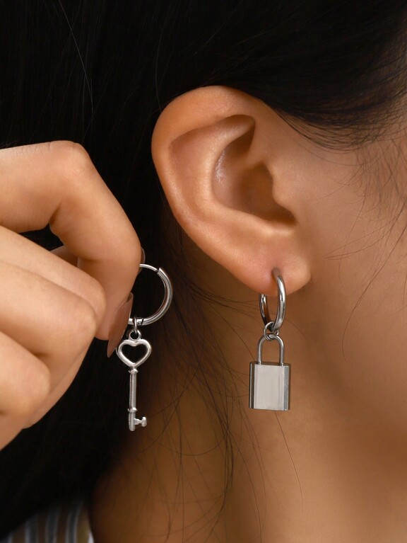 2pcs Stainless Steel Circular Earrings With Heart Shaped Key Lock Pendant Suitable For Women s Daily Wear p 36453205