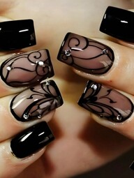24pcs Short Black Square Shaped Nail Wraps Adorned With Mysterious Vines Rhinestones Press On Fake Nails Suitable For Women And Girls Nail Supplies p 32391408