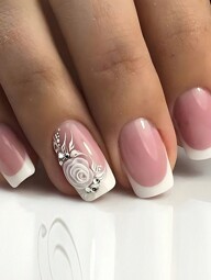 24pcs Short Square French Style White Rose Minimalist Sexy Artificial Nails Set Press On Nails For Party Or Daily Wear Nail Supplies p 26505491