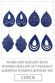 4pairs Set Elegant Navy Blue Large Hollow Out Wooden Pendant Earrings Set For Women p 21461665