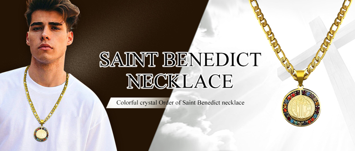 Colorful Crystal Saint Benedict Medal Necklace Women Men Stainless Steel Gold Color Chain Necklace p 35389674