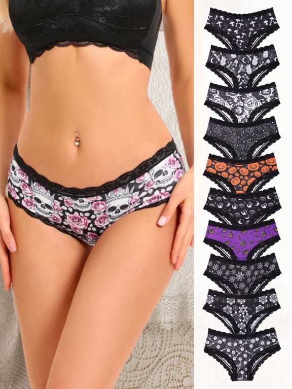 Morvia 10pcs Random Women Gothic Contrast Lace Bikini Hipster Panties Set Women s Underwear Lingerie Halloween Sexy Panties Set Women s Jack O Lantern Skull Star Eyeballs Allover Print Low Rise Underwear 10 Packs Gift Set p 33391322