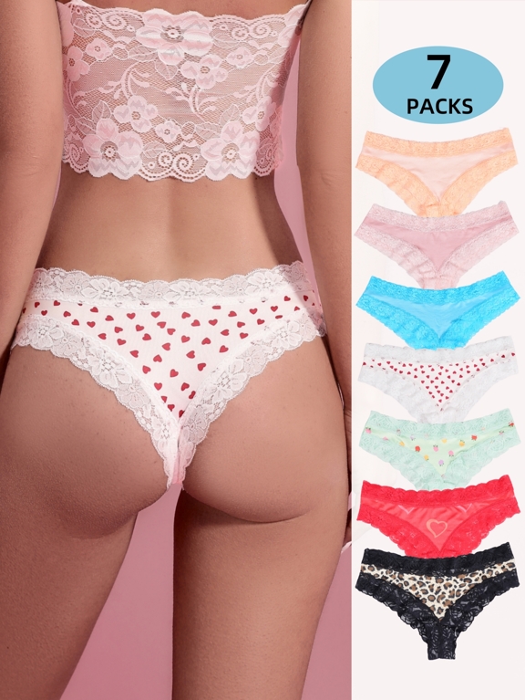 Morvia 7packs Leopard Heart Print Contrast Lace Sexy Panties p 17335055