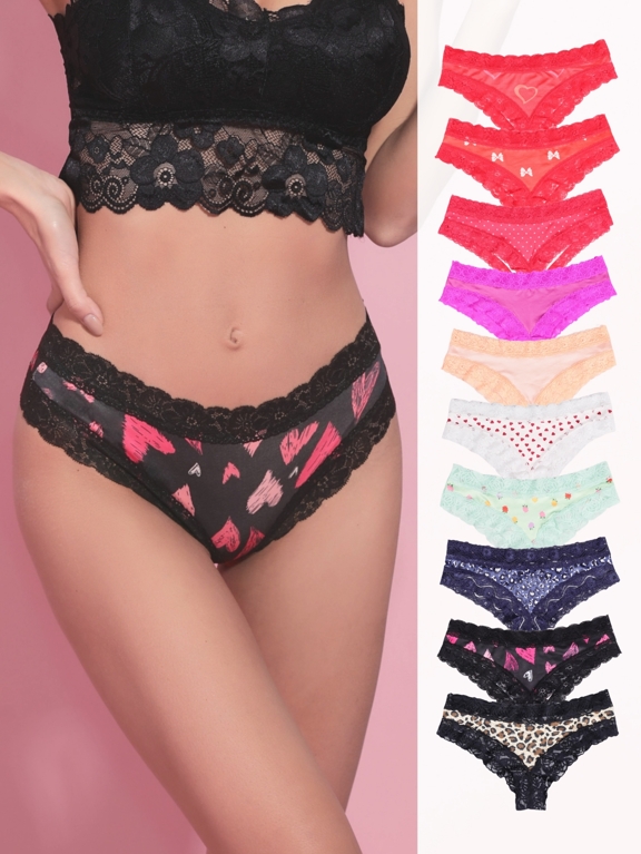Morvia 10pcs Heart Print Hipster Panties Comfy Cute Low Waist Lace Trim Panties Allover Print Heart Bows Leopard Floral Patterns Women s Sexy Lingerie Underwear Christmas p 29572392