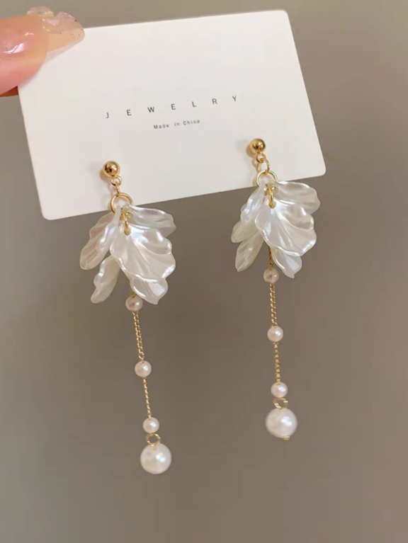 Korean Style Floral Faux Pearl Chain Dangle Earrings Elegant Sweet Girl Ear Accessories p 22182540