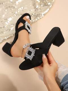 New Design Rhinestone Square Buckle Slip On High Heel Sandals For Women Valentines p 28290170