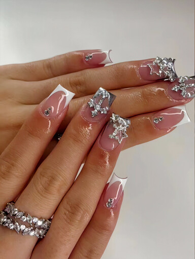 24pcs Set White Silver Cross Star Shaped Nail Art Decorations Fashionable For Business Dating Party Birthday Holiday Daily Wear p 34480099