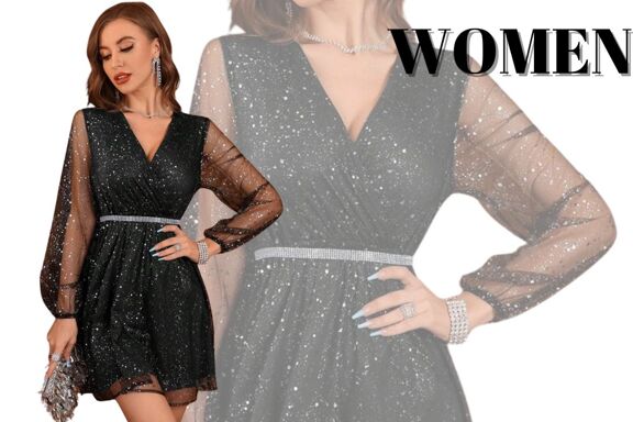 Women s Sparkling Mesh Long Sleeve A Line Midi Dress With V Neck For Christmas Party Cocktail p 39768196