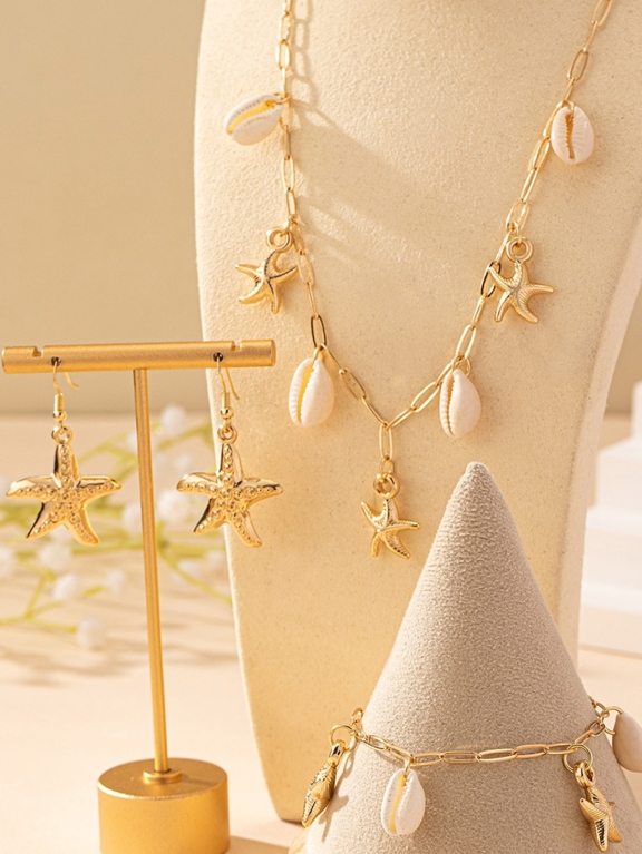 1pc Starfish Shell Necklace 1pc Starfish Shell Bracelet 1pair Starfish Earrings Oceanic Style Jewelry Set For Women s Vacation Wear p 43222061