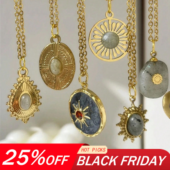 1pc Vintage Brown Natural Stone Titanium Steel Pendant Necklace Rhinestone Sun Oval Geometric Gold Plated Clavicular Chain Jewelry Gift For Women p 38763198