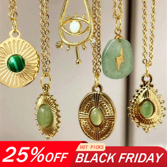 1pc Green Natural Stone Pendant Necklace Hollow Eye Golden Charm Vintage Necklaces For Women Stainless Steel Jewelry Gift New p 35384125