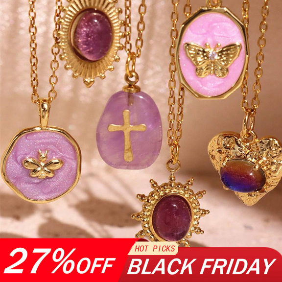 1pc Purple Natural Stone Necklace Enamel Butterfly Flower Cross Heart 18K Gold Plated Stainless Steel Pendant Necklaces For Women Jewelry Gifts Valentines p 36705970