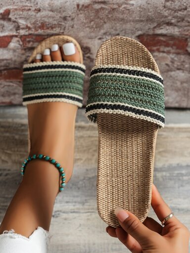 Women Striped Pattern Weave Detail Slides Fashion Indoor Home Slippers p 11012852