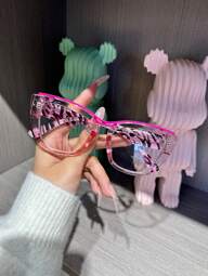 1 Pair Stylish Cat Eye Design Women Metal Stripe Transparent Frame Pink Texture Clear Lens Glasses Suitable For Daily Matching p 46000848