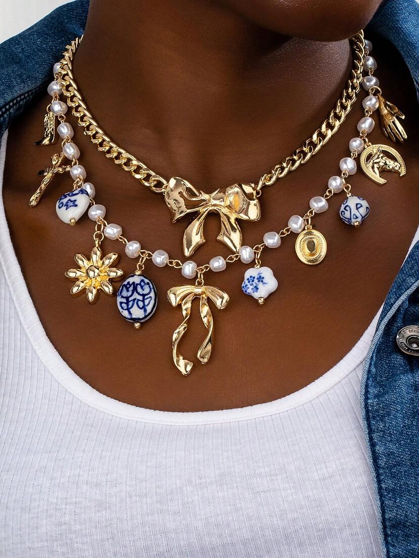 Handmade Charm Necklace Ceramic Bow Horse Shoe Cross Heart Cowgirl Boots Multi Charms Necklace Metal Bow Curb Chain Link Necklace Stackable Necklaces Set Shape And Color Have Randomness Valentines p 43662436