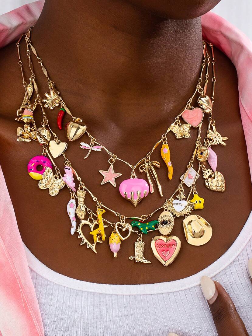 1pc Hand Made Heart Locket Multi Charms Necklace Enameled Chili Pepper Cowboy Hat Boots Heart Charms Evil Eye Bow Charm Jewelry Shape And Color May Vary Valentines Mom Mother Mother s Day Gift p 43270901