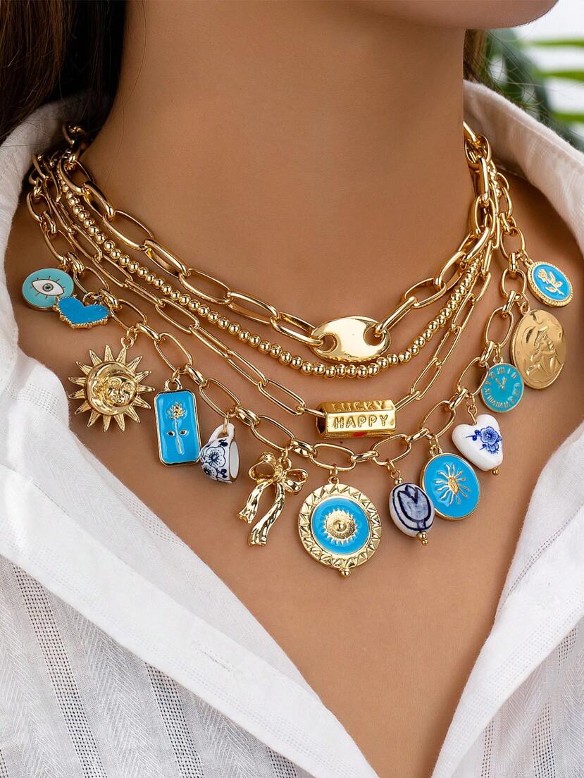 1pc Handmade Enameled Coin Bow Clock Charm Necklace 1pc Golden Beaded Necklace 1pc Chunky Chain Link Necklace Stackable Layered Necklace Set Shape And Color Have Randomness Valentines p 44844726