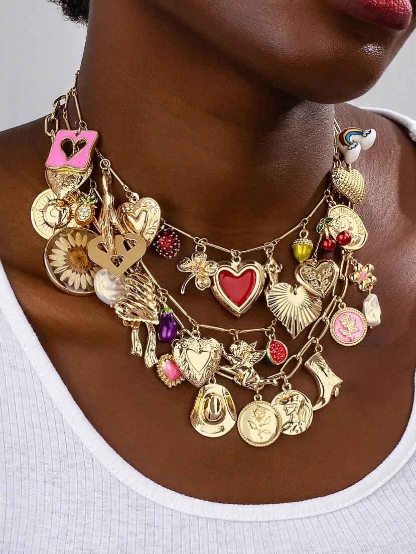 1 Pc Heart Locket Charm Necklace Cowboy Boots Cowgirl Hat Cherry Hearts Multi Charms Necklaces Heart Charms Necklace For Women p 43274776