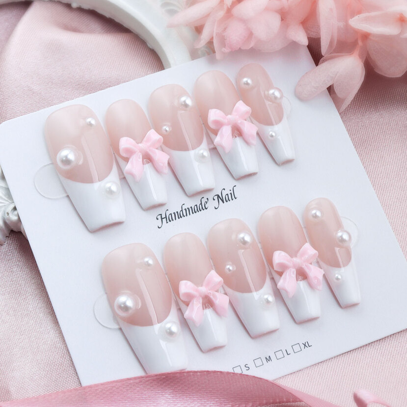 10pcs Cute Pink 3D Bowknot Handcraft Nail Tips White Full Coverage French Press On Fake Nails p 48676868