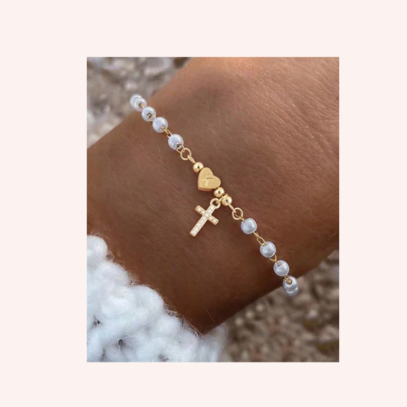 1pc Simple Heart Initial Pave Zirconia Cross Pendant Faux Pearl Bead Chain Bracelets For Women Valentines Mom Mother Mother s Day Gift p 45370814
