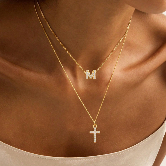 2Pcs Set New Simple Classic Pave Zirconia Initial Cross Pendent Gold Color Stainless Steel Box Chain Layered Necklaces For Women p 45358149