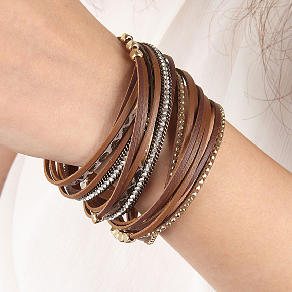 1pc Snake Pattern Leather Wrap Bracelet With Crystal Studs Bohemian Style Wristband For Men Gift For Women Wife Mother p 28678070