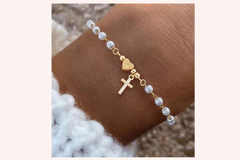 1pc Simple Heart Initial Pave Zirconia Cross Pendant Faux Pearl Bead Chain Bracelets For Women Valentines Mom Mother Mother s Day Gift p 45370814