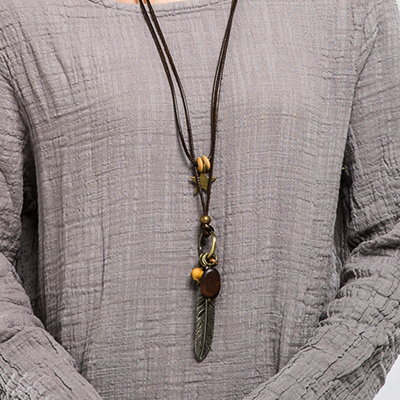1pc Turquoise Feather Pendant Necklace For Women Vintage Style Brown Beaded Wax Cord Necklace p 15277791