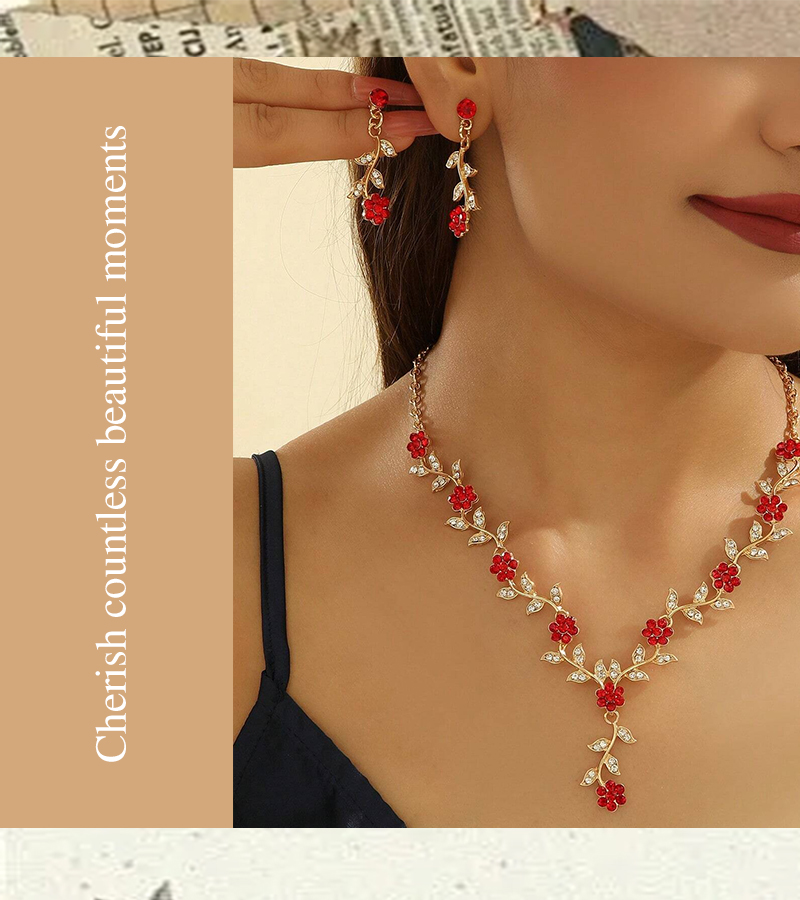 3pcs Set Vintage Bridal Plum Blossom Inlaid Red Rhinestone Earrings And Necklace Set For Women p 36459812