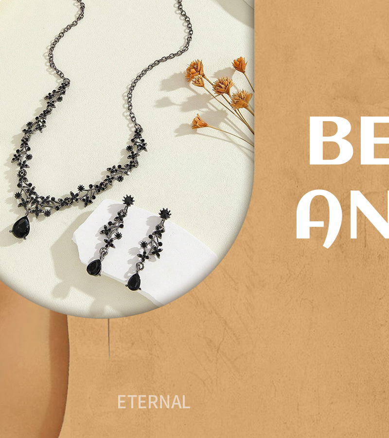 3pcs Set Black Teardrop Fully Rhinestone Embellished Earrings Necklace Bridal Jewelry Set p 40425223