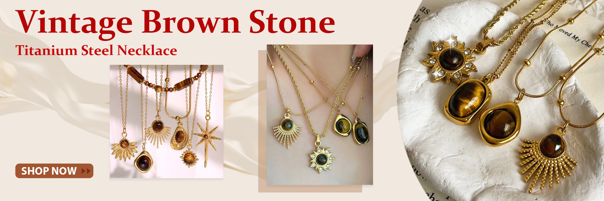 1pc Vintage Brown Natural Stone Titanium Steel Pendant Necklace Rhinestone Sun Oval Geometric Gold Plated Clavicular Chain Jewelry Gift For Women p 38763198