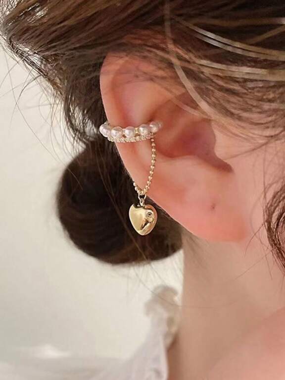 1pc Minimalist Copper Heart Rhinestone Faux Pearl Single Ear Cuff Earring Gift For Girlfriend Suitable For Party And Daily Outfit Valentines p 47034580