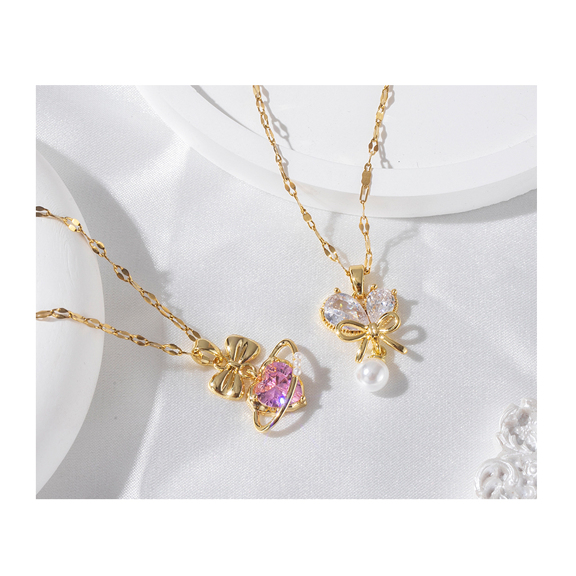 1pc Fashionable Charm Copper Inlaid Zirconia Electroplated 18K Gold Faux Pearl Bow Heart Pendant Necklace Suitable For Women s Daily Wear And Gift To Friends p 47027157