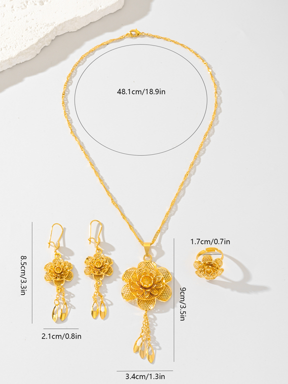 Three Pieces Set Of Three Dimensional Floral Women s Jewelry Necklace Pendant Earrings And Ring Copper Plated With 22K Color p 47982319