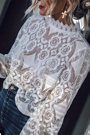 Women Stand Collar Patchwork Lace Long Sleeve Elegant Hollow Out Blouse p 32037074