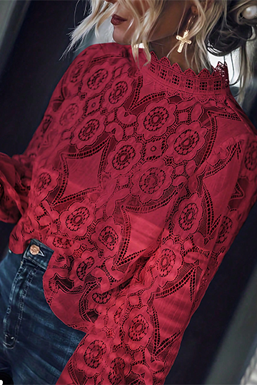Women s Elegant Stand Collar Splicing Lace Trim Hollow Long Sleeve Top p 43884794