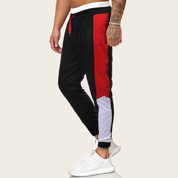 

Men Contrast Panel Drawstring Sweatpants, Black