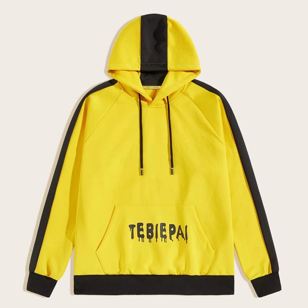 

Men Contrast Panel Letter Graphic Drawstring Hoodie, Yellow