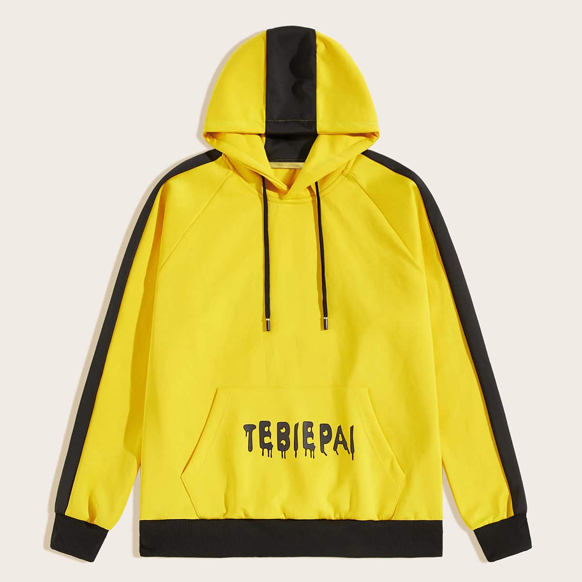 

Guys Contrast Panel Letter Print Drawstring Hoodie, Yellow