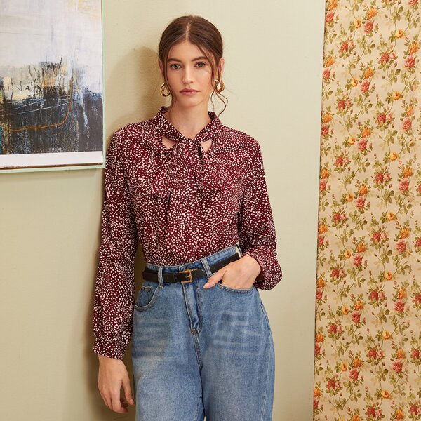 

Dalmatian Print Tie Neck Top, Burgundy