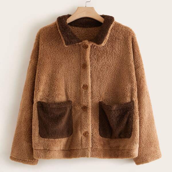 

Plus Pocket Patched Button Through Teddy Jacket
