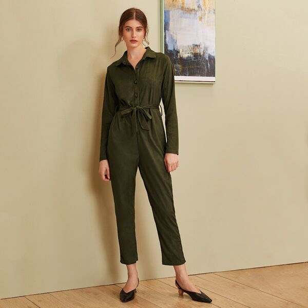 

Button Front Slant Pocket Self Belted Suede Shirt Jumpsuit, Army green