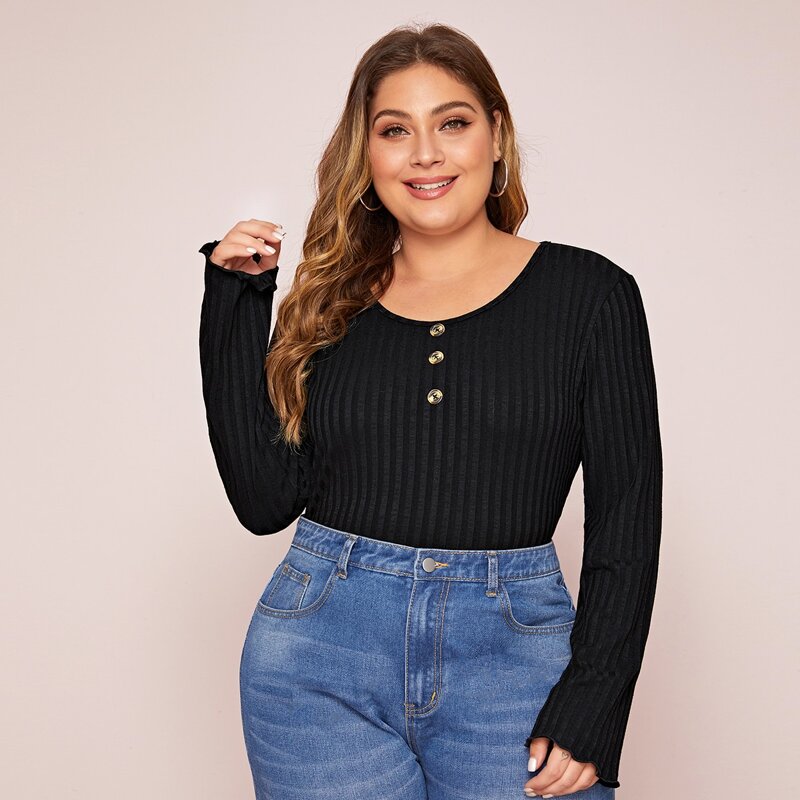 

Plus Half Button Basic Sweater, Black