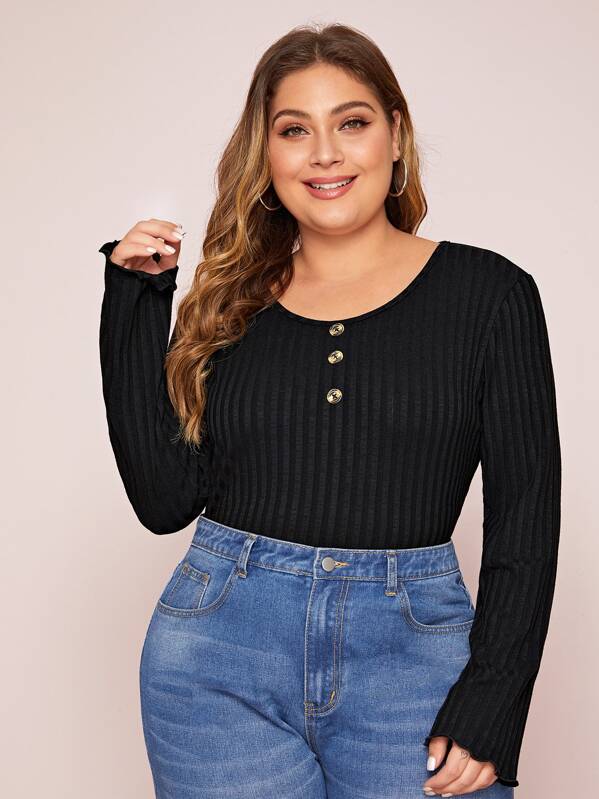 

Plus Half Button Basic Jumper, Black, Carol