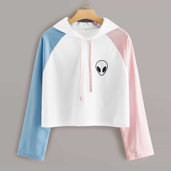 

Plus Alien Print Contrast Panel Hoodie, White