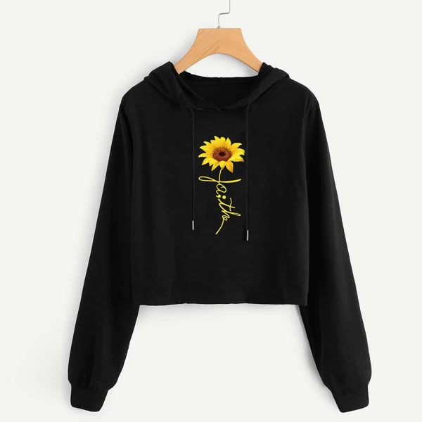 

Drop Shoulder Flower Graphic Drawstring Hooded Sweatshirt, Black