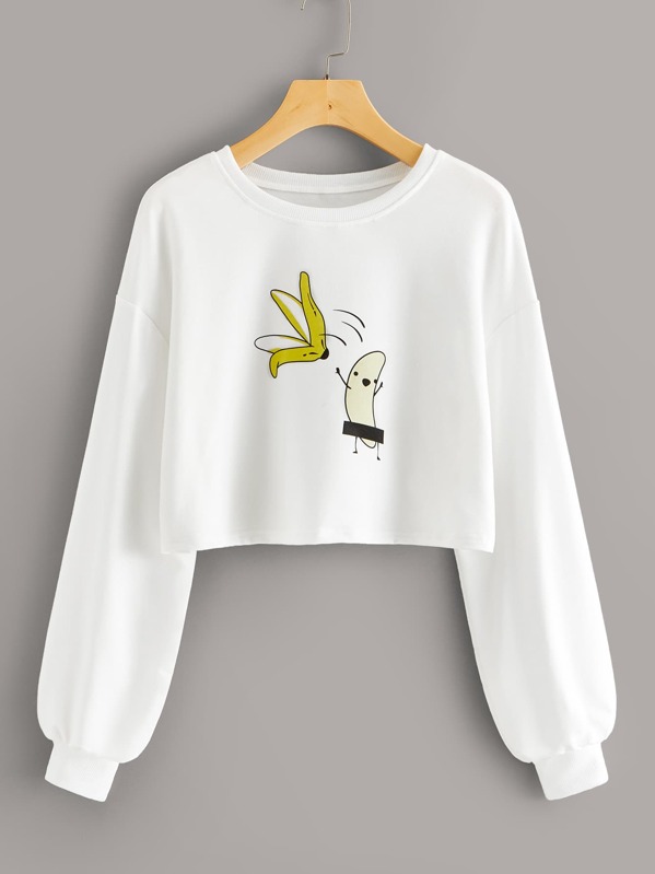 

Cartoon Banana Print Drop Shoulder Sweatshirt, White