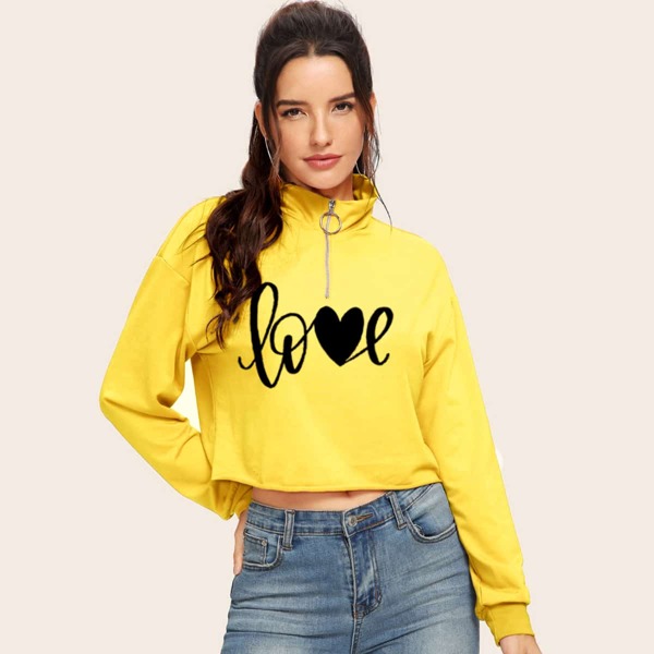 

O-ring Half Zip Letter Graphic Sweatshirt, Yellow