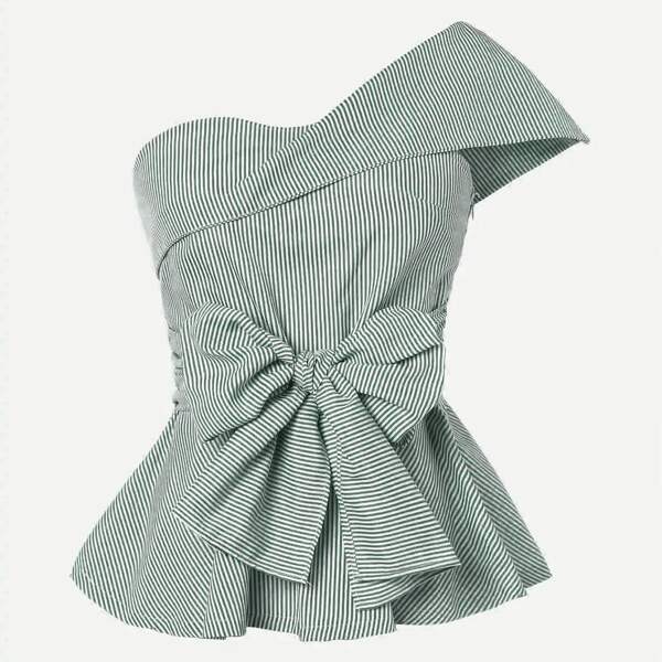 

Plus One Shoulder Bow Front Stripe Top, Green