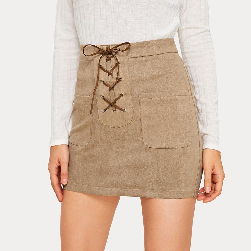 

Lace Up Dual Pocket Suede Bodycon Skirt, Khaki